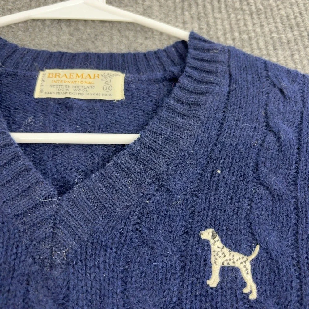 Vintage‎ Braemar Sweater Mens 38 Navy Wool Cable Knit V Neck Dalmatian Preppy